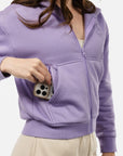 Cropped Embossed Zip Up Hoodie with Zipper Pocket for Phone - ASPEN