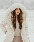 Chevron Quilted Down Coat with Fox Fur Hood