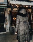 Chevron Quilted Down Coat with Fox Fur Hood
