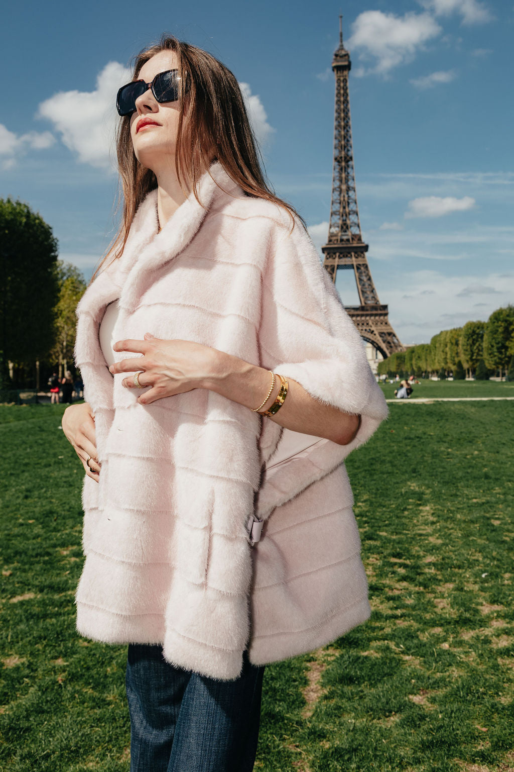 Pink Striped Rabbit Fur Poncho