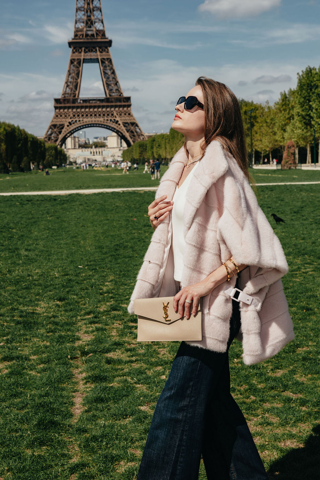 Pink Striped Rabbit Fur Poncho