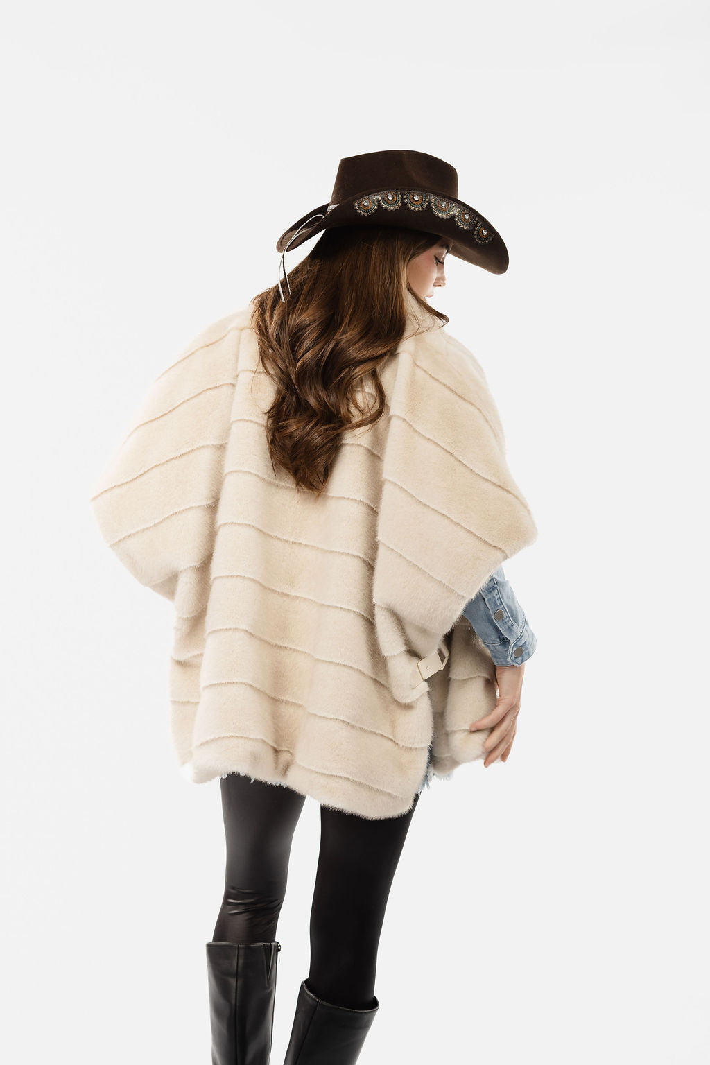 Stripe Faux Mink Fur Poncho