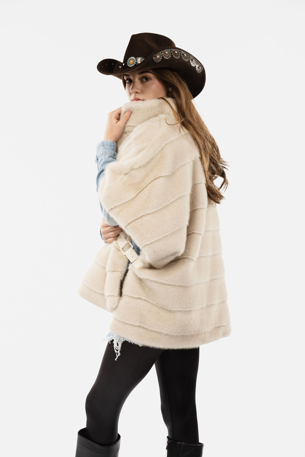 Stripe Faux Mink Fur Poncho