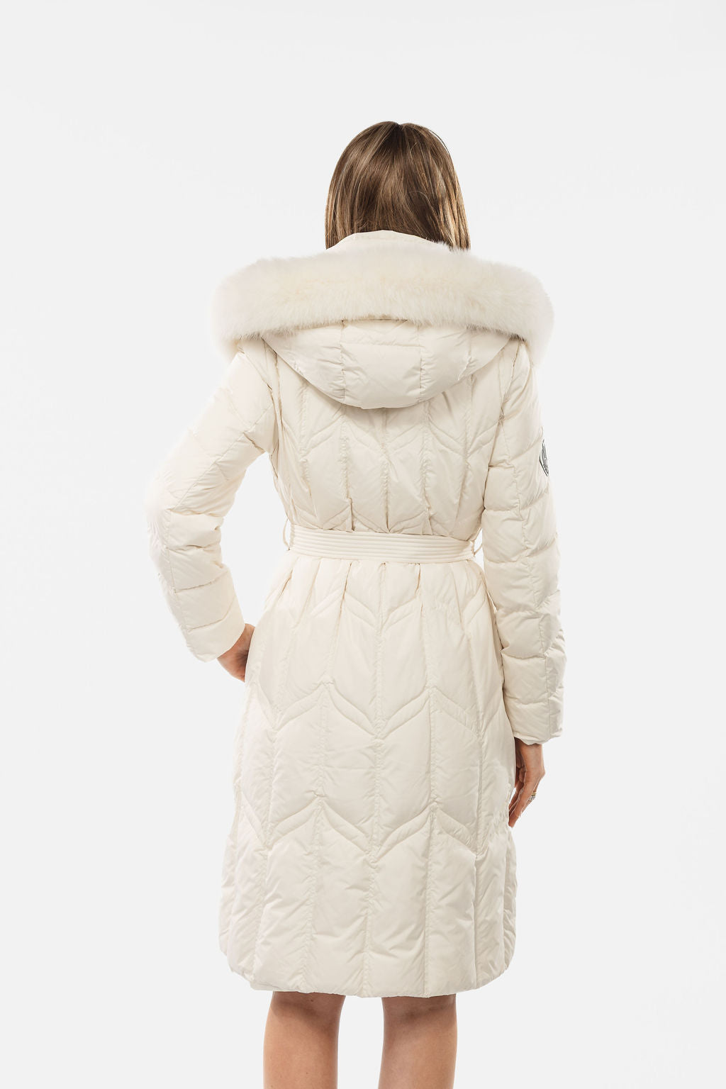 Chevron Quilted Down Coat with Fox Fur Hood