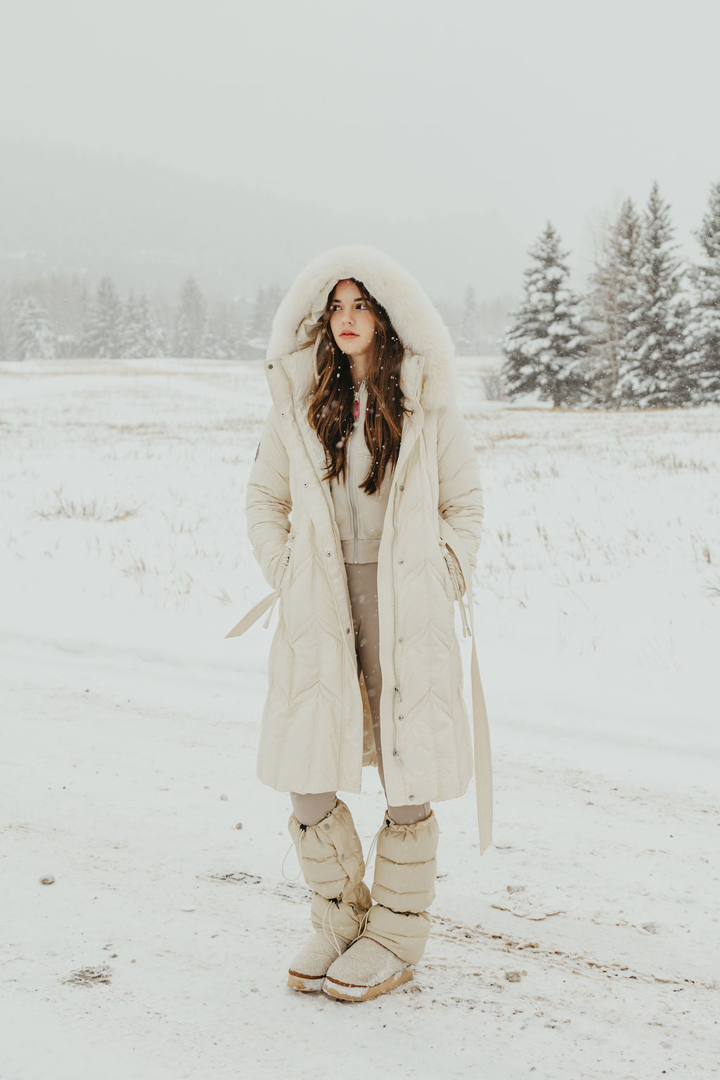 Chevron Quilted Down Coat with Fox Fur Hood