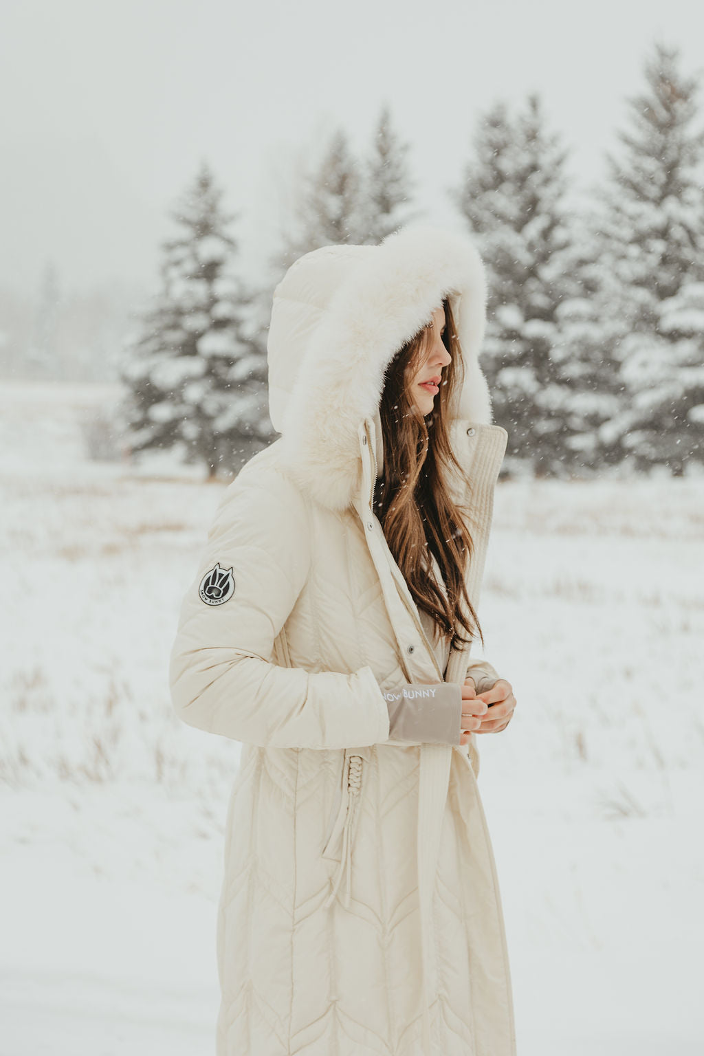 Chevron Quilted Down Coat with Fox Fur Hood