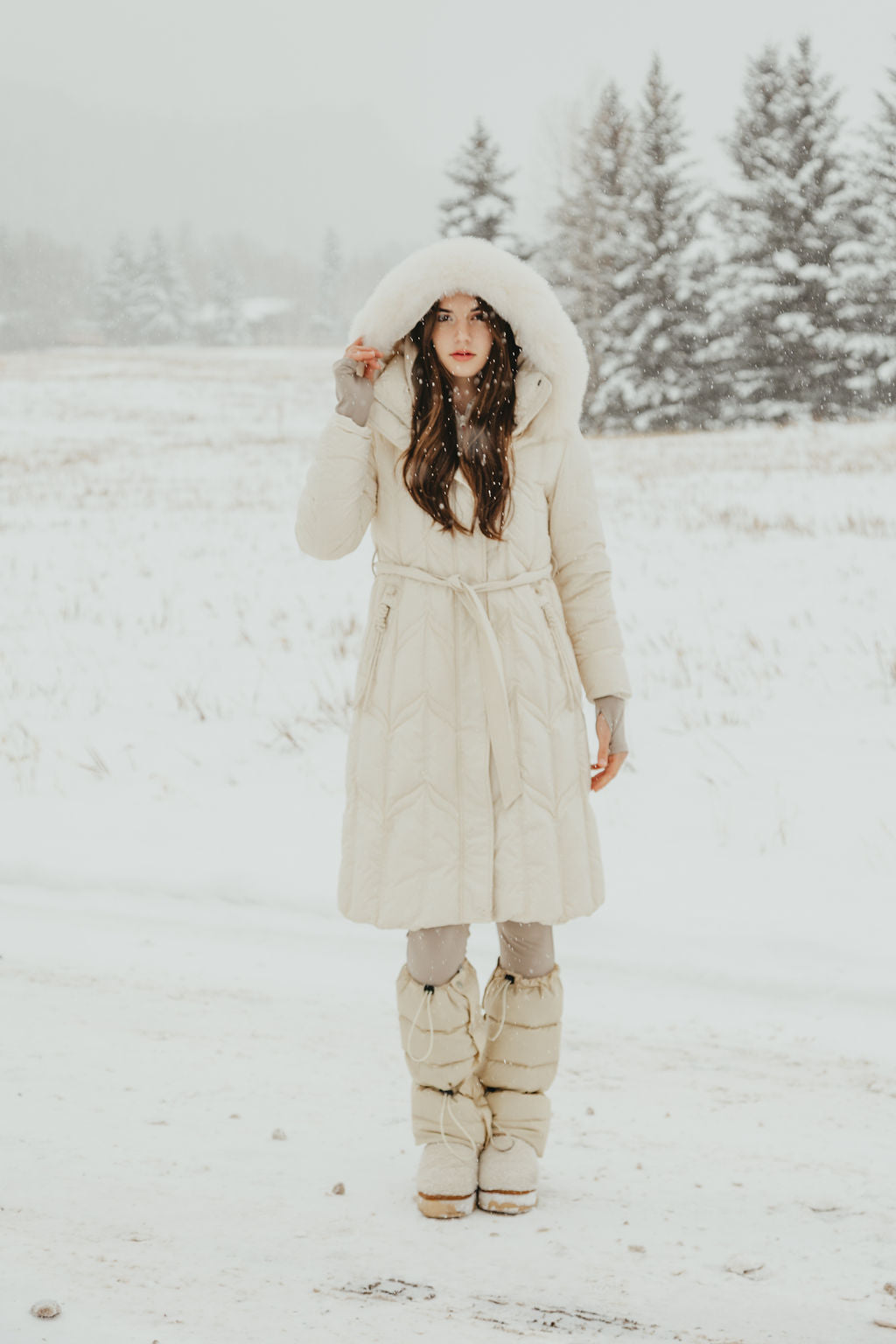 Chevron Quilted Down Coat with Fox Fur Hood