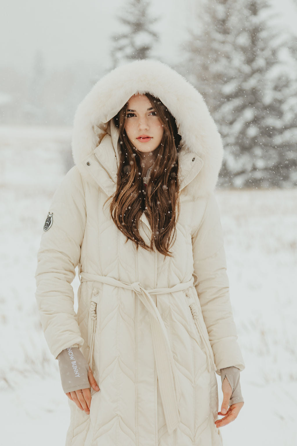 Chevron Quilted Down Coat with Fox Fur Hood