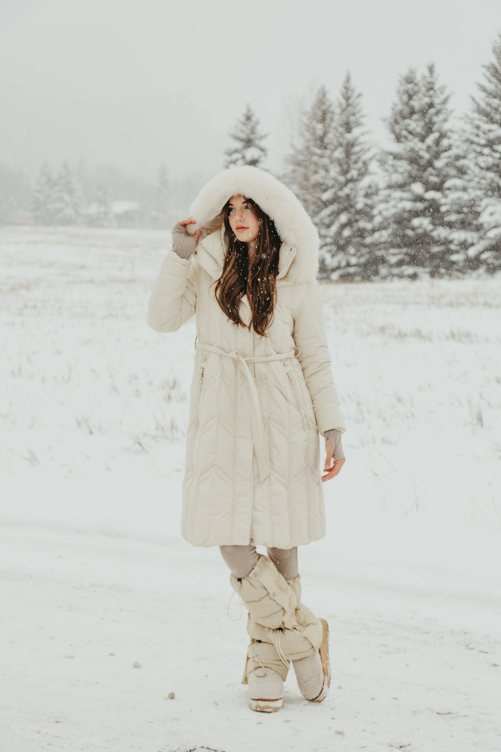 Chevron Quilted Down Coat with Fox Fur Hood