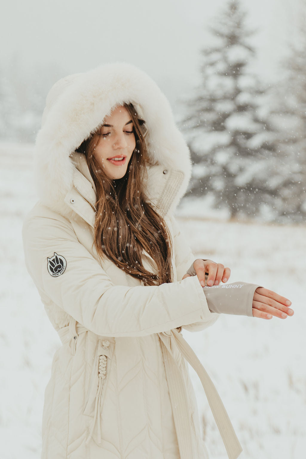 Chevron Quilted Down Coat with Fox Fur Hood