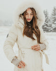 Chevron Quilted Down Coat with Fox Fur Hood