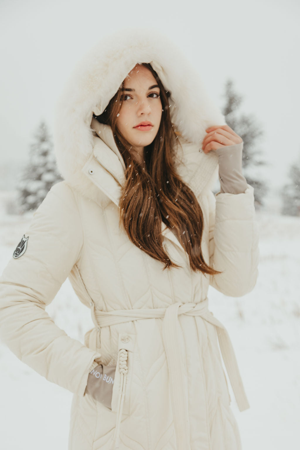 Chevron Quilted Down Coat with Fox Fur Hood