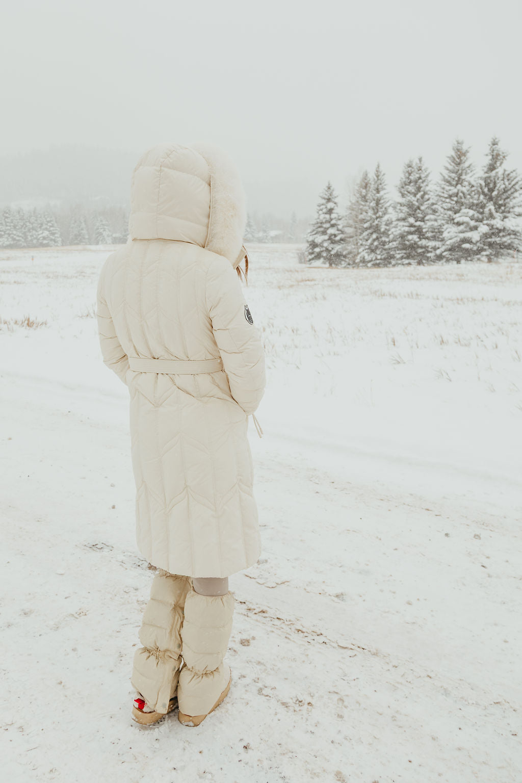 Chevron Quilted Down Coat with Fox Fur Hood