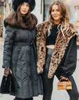 Chevron Quilted Down Coat with Fox Fur Hood